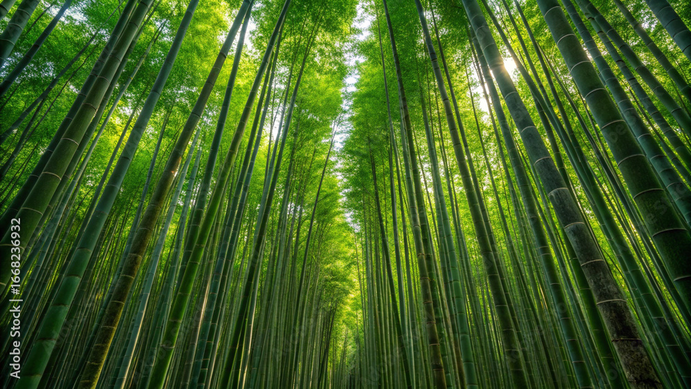 Fototapeta premium Lush green bamboo forest canopy with sunlight filtering through nature plant