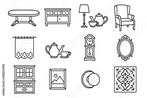 Dining Room Icons. Outline icon set of classic dining room essentials: oval table, sideboard, buffet lamp,