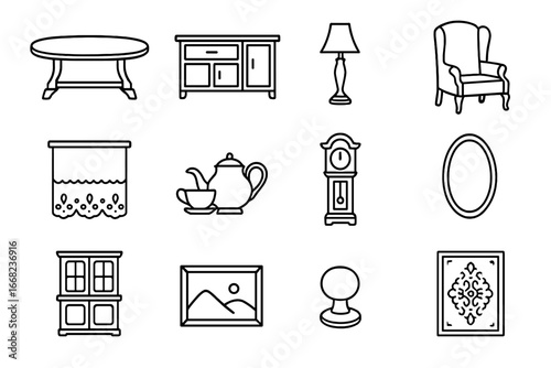 Dining Room Icons. Outline icon set of classic dining room essentials: oval table, sideboard, buffet lamp,