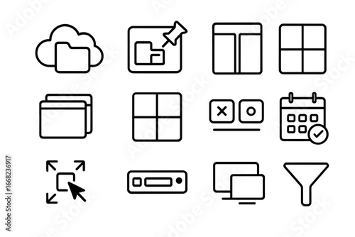 Digital Workspace Icons. Outline icon set of digital workspace organization: cloud folder, pinned app, window