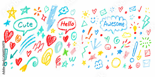 Hand Drawn Crayon Doodle Elements with Cute Hello and Awesome Speech Bubbles