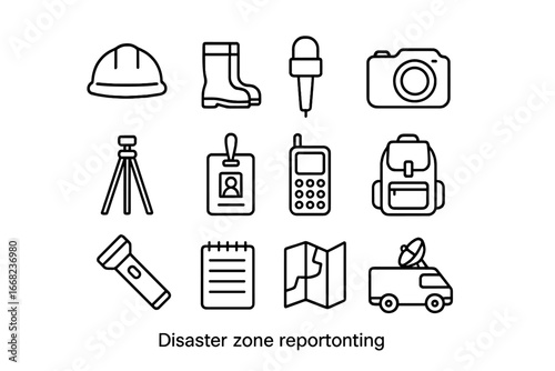 Disaster Reporting Tools. Outline icon set of disaster zone reporting: helmet, boots, microphone, camera,