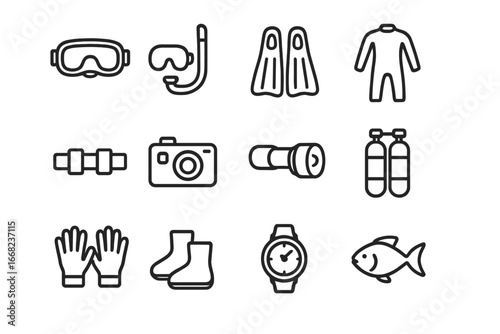 Diving Gear Icons. Outline icon set of diving in the river: diving mask, snorkel, fins, wetsuit, weight belt,