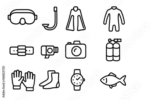 Diving Gear Icons. Outline icon set of diving in the river: diving mask, snorkel, fins, wetsuit, weight belt,