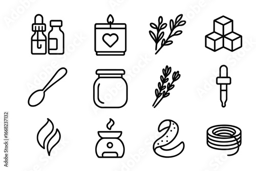 DIY Aromatherapy Icons. Outline icon set of DIY aromatherapy crafts: essential oil bottles, candle mold, dried
