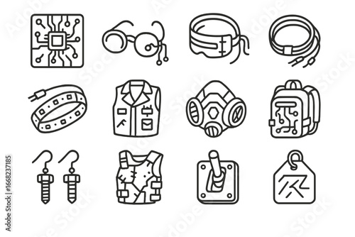 DIY Cyberpunk Icons. Outline vector icons of DIY cyberpunk gear: circuit board patch, soldered glasses,