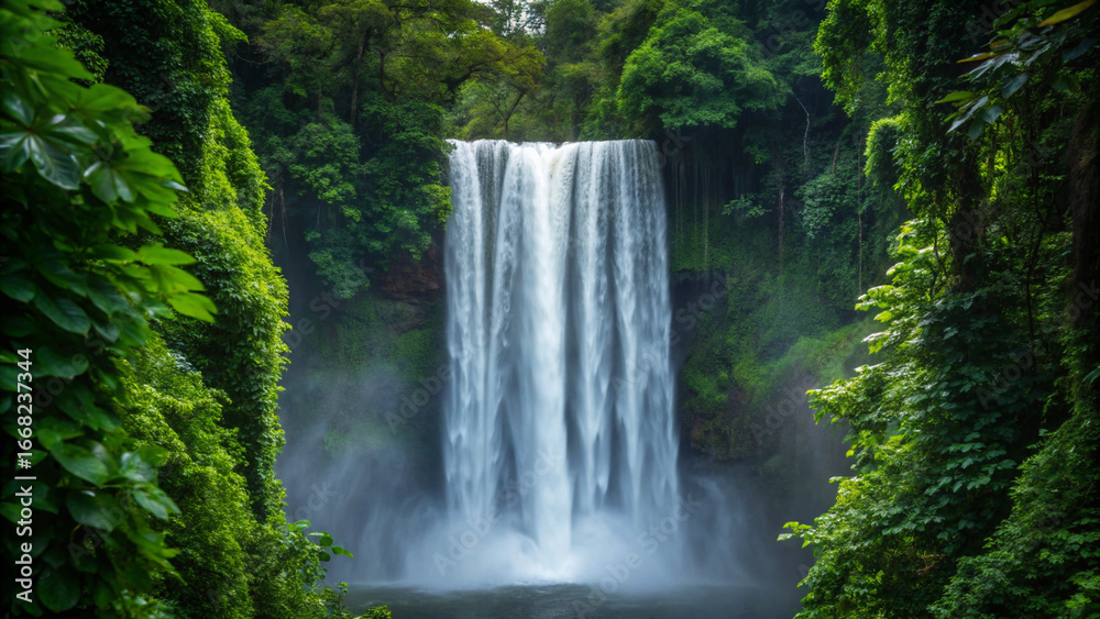 Obraz premium Lush Green Forest Waterfall Cascading into a Pool Surrounded by Dense Foliage nature jungle