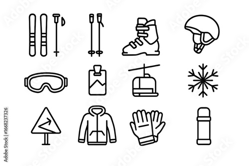 Downhill Skiing Icons. Outline icon set of downhill skiing: skis, ski poles, ski boots, helmet, goggles, ski