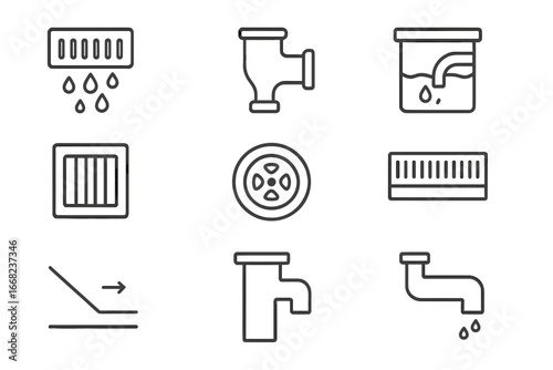 Drainage System Icons. Outline icon set of drainage system: storm drain, sewer pipe, inspection chamber, sump