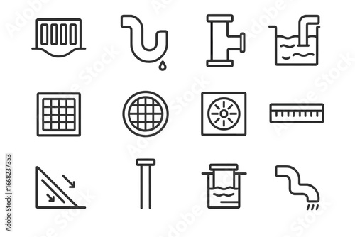 Drainage System Icons. Outline icon set of drainage system: storm drain, sewer pipe, inspection chamber, sump