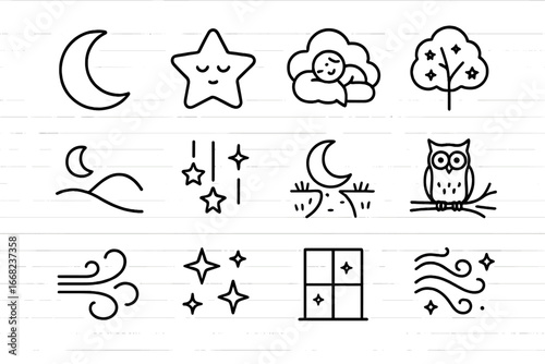 Dreamy Night Icons. Outline icon set of dreamy night scenes: crescent moon, sleepy star, cloud bed, night tree