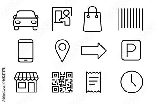 Drive-Thru Icons Grid. Outline icon set of drive-thru collection signs: car icon, pickup window, shopping bag,