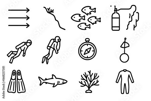 Drift Diving Icons. Outline icon set of drift diving: ocean current arrows, coral slope, school of fish, reef