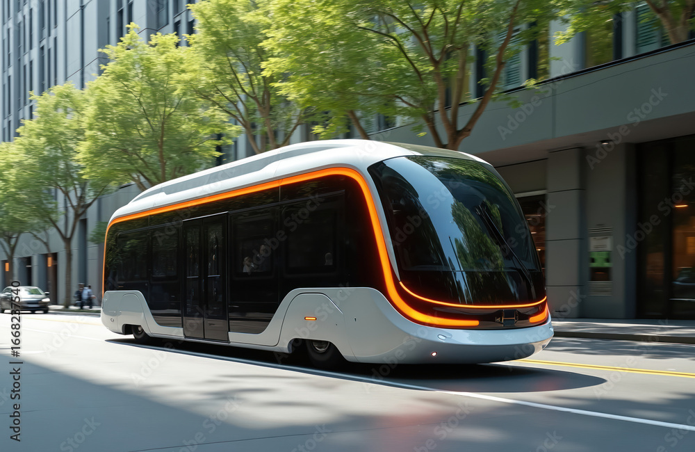 Obraz premium Sleek autonomous shuttle bus glides on busy city street, surrounded by trees, modern buildings. Futuristic electric vehicle represents innovation in urban transportation, smart mobility, AI progress.
