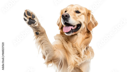 Golden retriever standing proudly with a cheerful expression