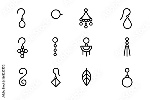 Earring Icon Set. Outline icon set of handmade earring types: hook earring, stud post, chandelier dangle,