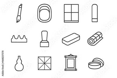 East Asian Calligraphy Icons. Outline icon set of East Asian calligraphy: calligraphy brush, ink stone, rice