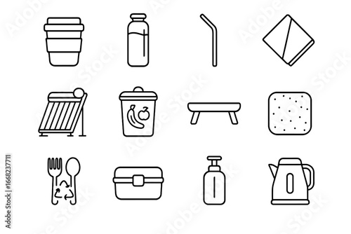 Eco Gadgets Outline. Outline icon set of eco-friendly breakroom gadgets: reusable coffee mug, glass water