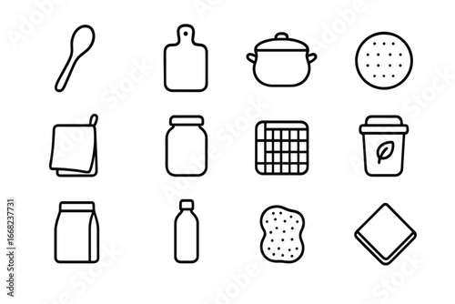 Eco Kitchen Icons. Outline icon set of eco kitchen essentials: bamboo spoon, wooden cutting board, clay pot,