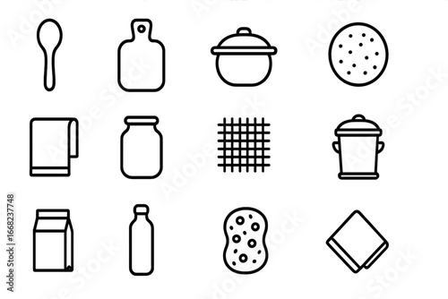 Eco Kitchen Icons. Outline icon set of eco kitchen essentials: bamboo spoon, wooden cutting board, clay pot,