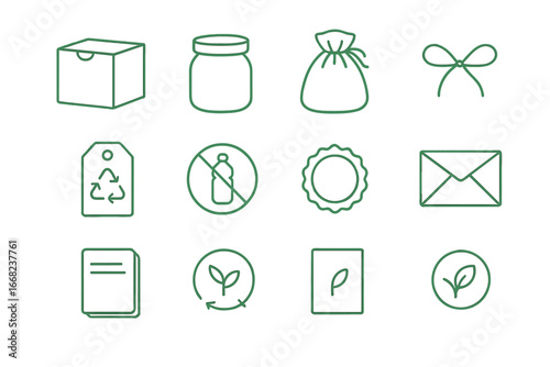 Eco Packaging Icons. Outline icon set of green product packaging: kraft box, glass jar, cotton bag, twine tie,