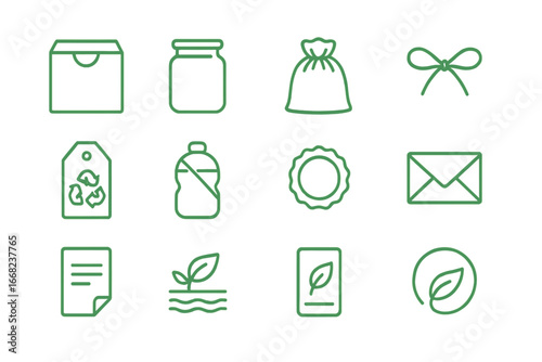 Eco Packaging Icons. Outline icon set of green product packaging: kraft box, glass jar, cotton bag, twine tie,