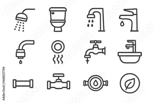 Eco Plumbing Icons. Outline icon set of eco plumbing fixtures: low-flow showerhead, dual flush toilet, aerator