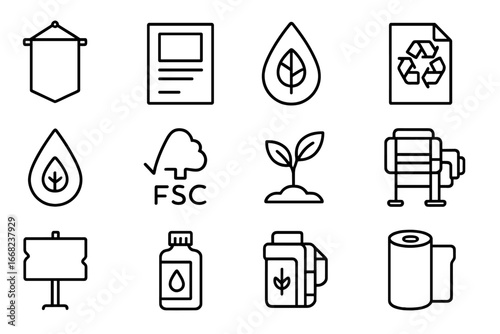 Eco-Friendly Icon Set. Outline icon set of eco-friendly signage printing: banner, poster, eco label, recycled