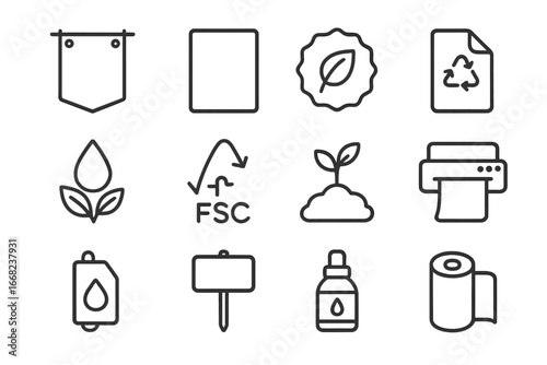 Eco-Friendly Icon Set. Outline icon set of eco-friendly signage printing: banner, poster, eco label, recycled