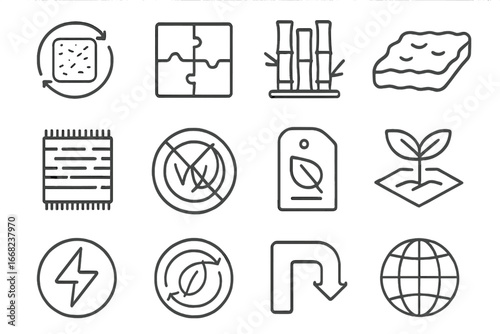Eco-Friendly Flooring Icons. Outline icon set of sustainable flooring materials: recycled rubber, cork tile,