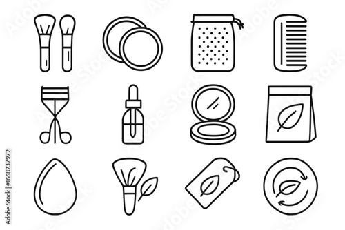 Eco-Friendly Beauty Icons. Outline icon set of eco-friendly beauty tools: bamboo brushes, reusable pads,
