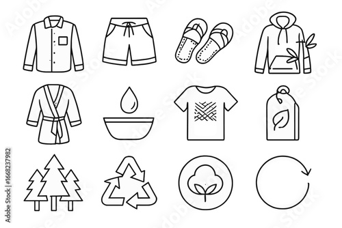 Eco-Friendly Fashion Icons. Outline icon set of nature-friendly comfy wear: linen shirt, hemp shorts, jute