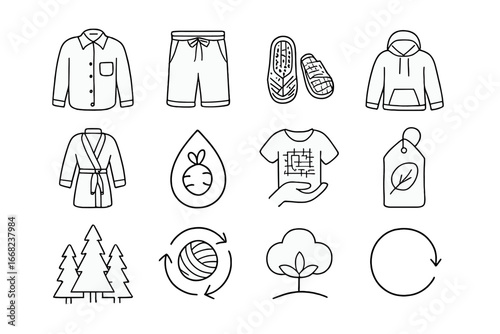 Eco-Friendly Fashion Icons. Outline icon set of nature-friendly comfy wear: linen shirt, hemp shorts, jute