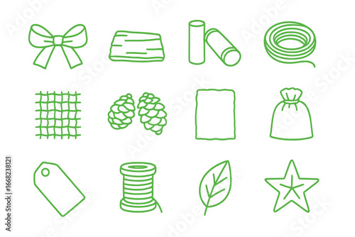 Eco-Friendly Wrapping Icons. Outline icon set of green holiday gift wrapping: organic cotton ribbons, natural