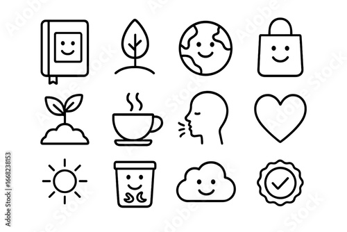 Eco-Gratitude Icon Set. Outline icon set of eco-gratitude practice: gratitude journal, nature icon, smiling