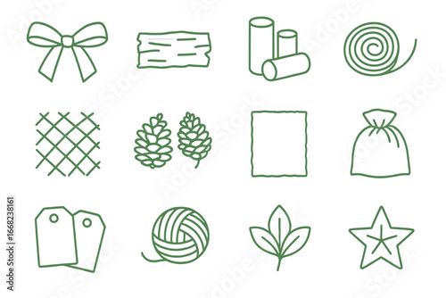 Eco-Friendly Wrapping Icons. Outline icon set of green holiday gift wrapping: organic cotton ribbons, natural