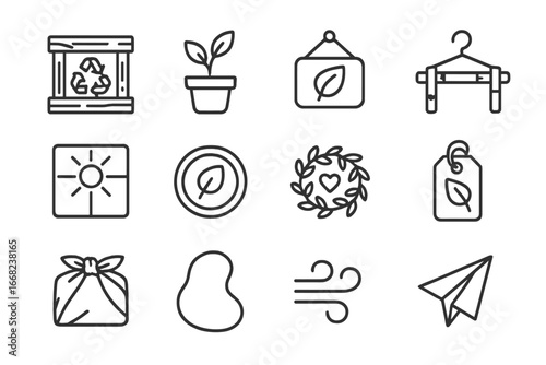 Eco-friendly Icon Set. Outline icon set of eco-friendly visual setups: recycled wood shelf, potted plant,