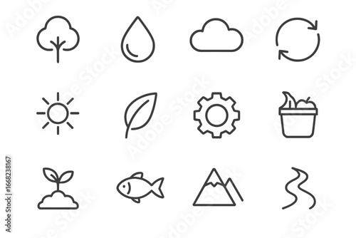 Ecological Cycle Icons. Outline icon set of ecological cycles: tree, water drop, cloud, arrow loop, sun, leaf,