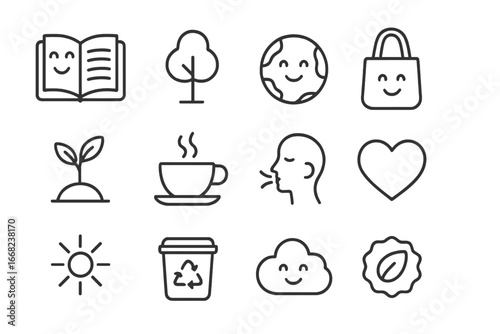 Eco-Gratitude Icon Set. Outline icon set of eco-gratitude practice: gratitude journal, nature icon, smiling