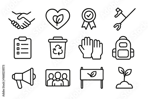 Eco-Volunteering Icon Set. Outline icon set of eco-volunteering: handshake, leaf heart, badge, trash picker,