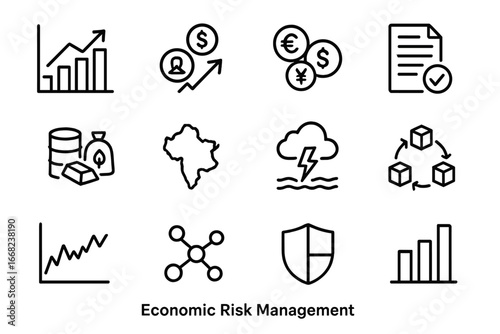 Economic Risks Icon Set. Outline icon set of economic risk management: GDP chart, inflation arrow, currency