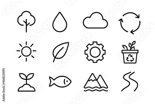 Ecological Cycle Icons. Outline icon set of ecological cycles: tree, water drop, cloud, arrow loop, sun, leaf,