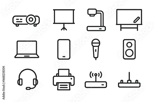 Educational Media Icons. Outline icon set of educational media equipment: projector, projection screen,