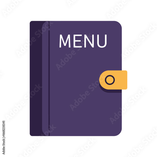 Purple restaurant menu book with yellow clasp culinary list cafe brochure dining guide food service document
