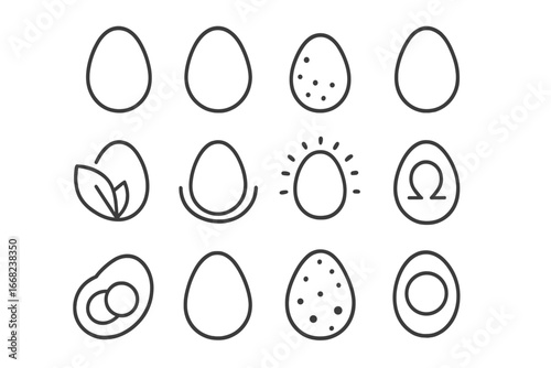 Egg Types Icons. Outline icon set of egg types: chicken egg, duck egg, quail egg, goose egg, organic egg, free