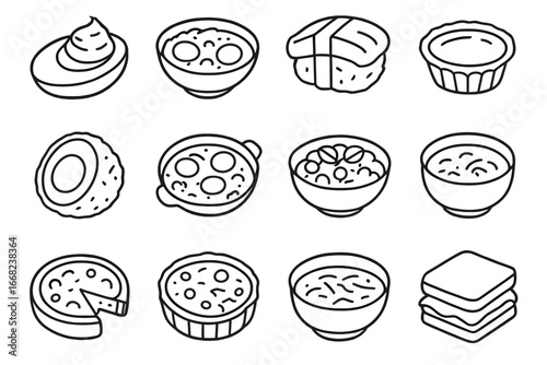 Egg Dish Icons. Outline icon set of egg-based dishes: deviled egg, egg curry, tamago sushi, egg tart, scotch