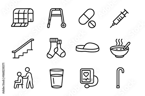 Elder Care Icons. Outline icon set of elderly care by season: warm blanket, mobility aid, vitamin pill,