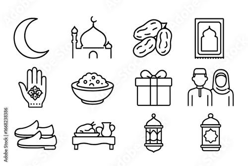 Eid Celebration Icons. Outline icon set of Eid togetherness: crescent moon, mosque silhouette, date fruit,
