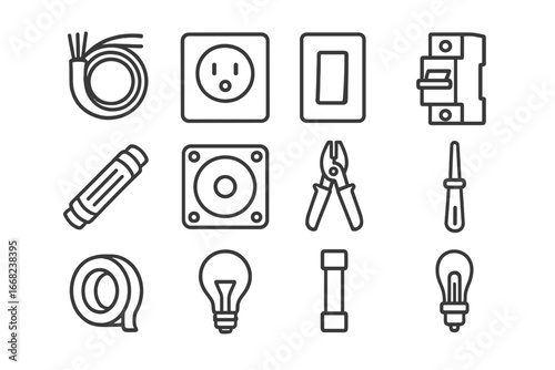 Electrical Icons Grid. Outline icon set of electrical building materials: electrical wire, outlet, switch,