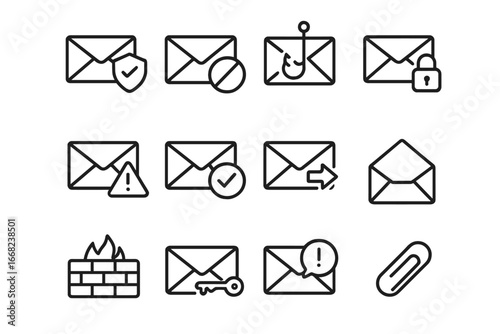 Email Security Icons. Outline icon set of email security policies: envelope shield, spam filter, phishing hook